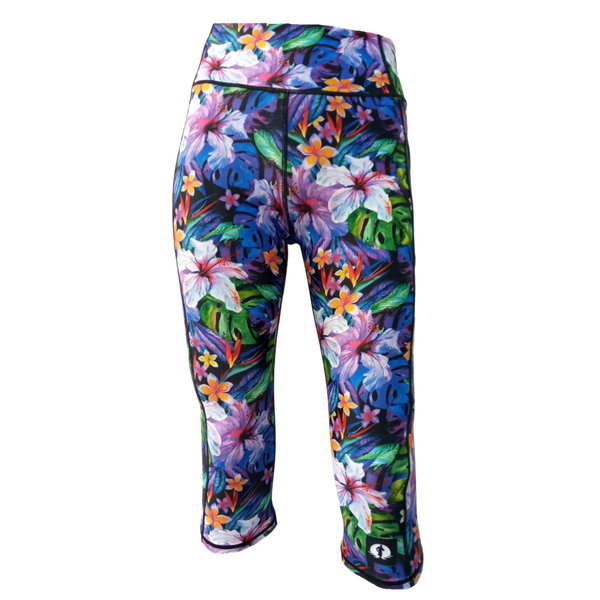 High Waist Funky 3/4 Leggings - Hibiscus