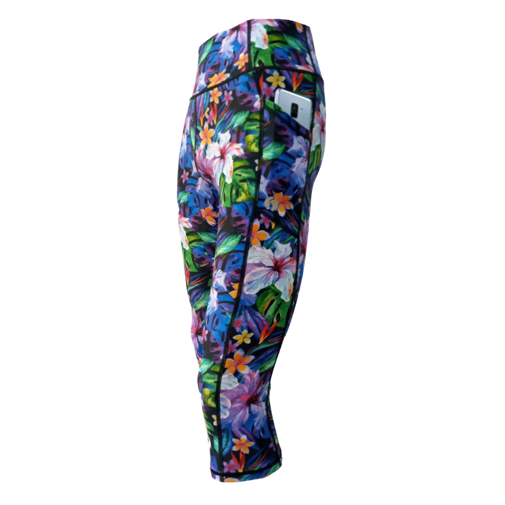 High Waist Funky 3/4 Leggings - Hibiscus