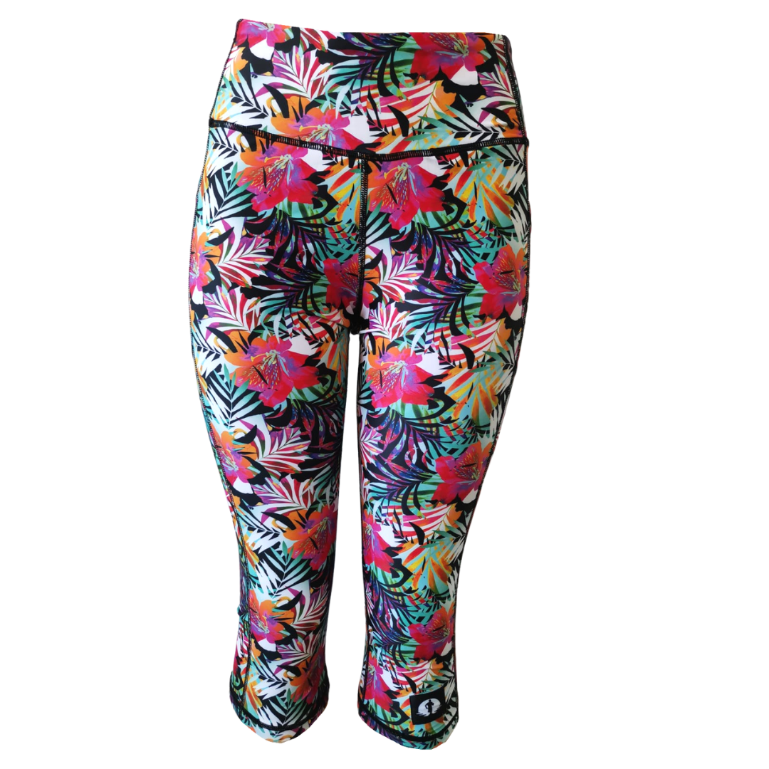 High Waist Funky 3/4 Leggings Hibiscus Brights Funky Pants