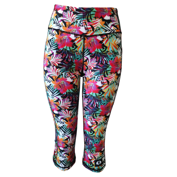 High Waist Funky 3/4 Leggings - Hibiscus Brights