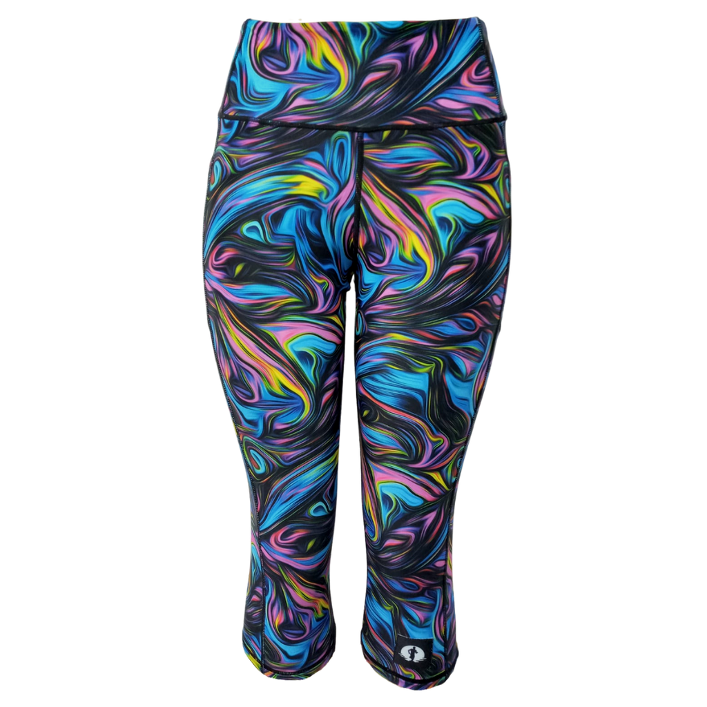 High Waist Funky 3/4 Leggings - Peacock Marble