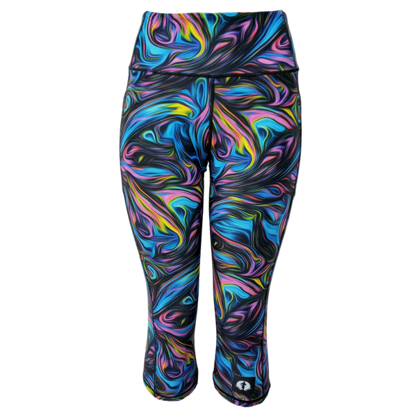 High Waist Funky 3/4 Leggings - Peacock Marble