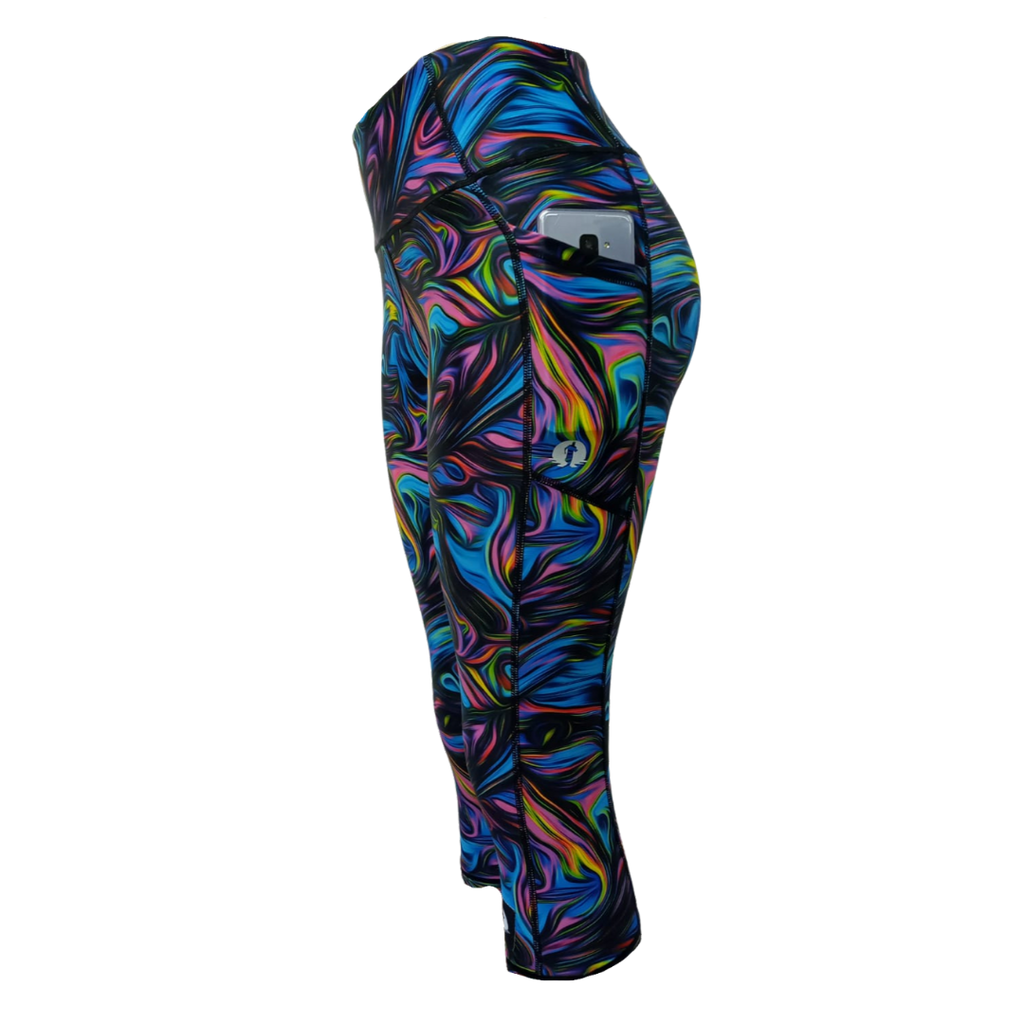 High Waist Funky 3/4 Leggings - Peacock Marble