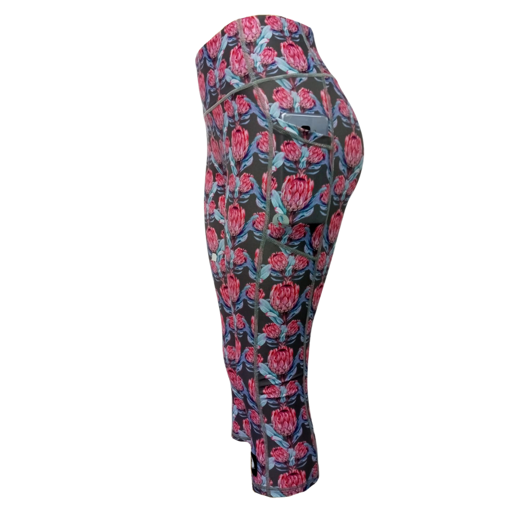 High Waist Funky 3/4 Leggings - Pink Protea
