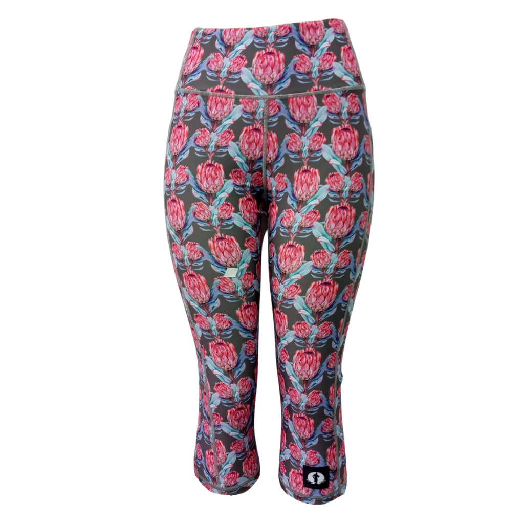 High Waist Funky 3/4 Leggings - Pink Protea
