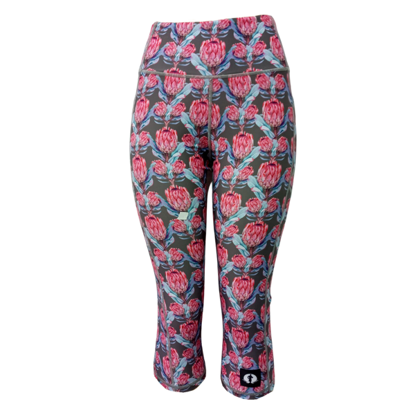 High Waist Funky 3/4 Leggings - Pink Protea